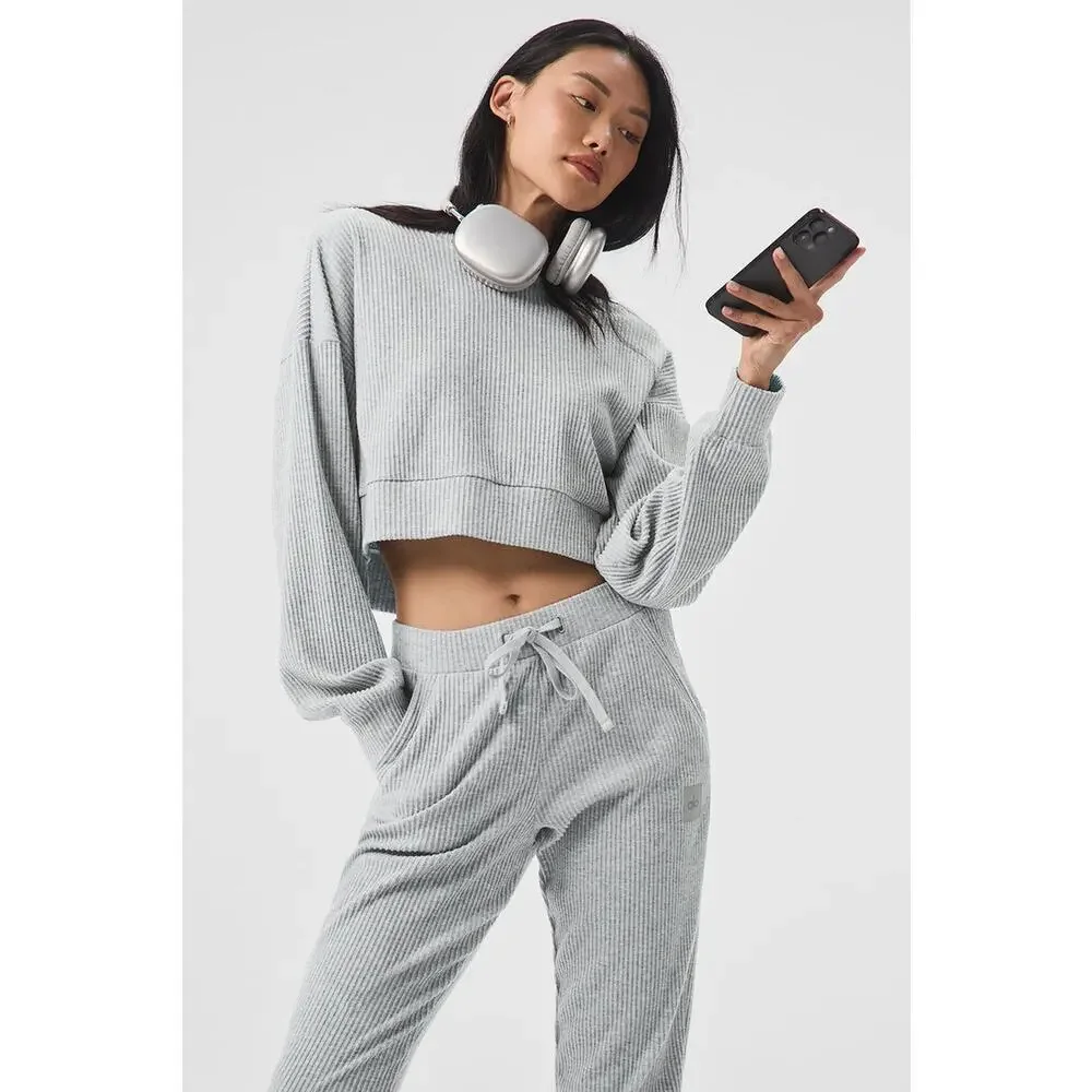 Alo Yoga Muse Hoodie Gray Cropped Ribbed Athleisure Pullover Sweatshirt Gym - Picture 1 of 15